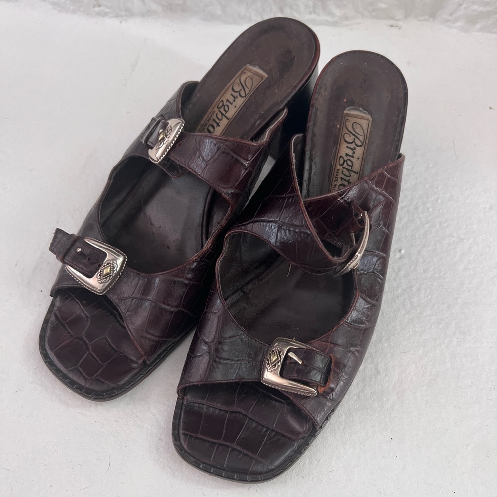 Brighton Dark Brown Croc-Embossed Leather Buckle Sandals